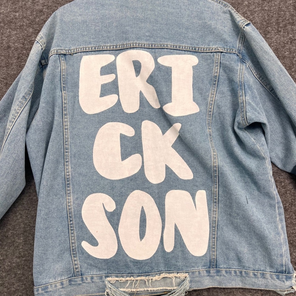 Shein Erickson Custom Graphic Distressed Denim Trucker Jacket Light Blue‎ L